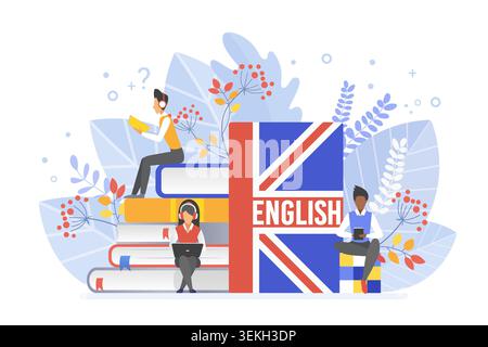Schüler lernen Englisch mit Büchern, Kopfhörern, Laptop und Smartphone neben einem Lehrbuch der britischen Flagge, Online-Bildung und Sprachkurs Thema isoliert auf weißem Hintergrund Vektor Illustration Stock Vektor