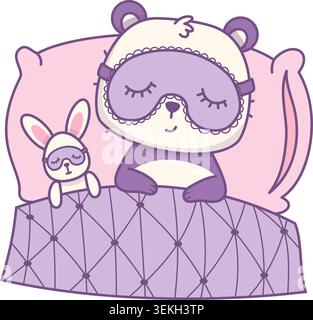 Süßer Traum. Kawaii Pandabär Schlafend In Augenmaske Mit Niedlichem Hasenspielzeug Unter Decke. Illustration Des Abgewickelten Vektors. Gesunde Schlafroutine. Stock Vektor