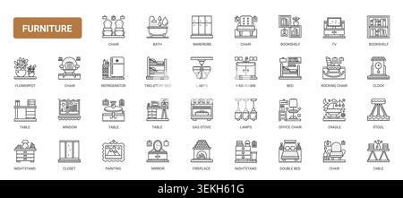 Möbel- und Wohnraumsymbole mit Stühlen, Betten, Tischen, Lampen, Stauraum, Badezimmer und Wohnzimmer Essentials für Haushalt Design komplexe schwarze Linie Symbole setzen Vektor-Illustration Stock Vektor