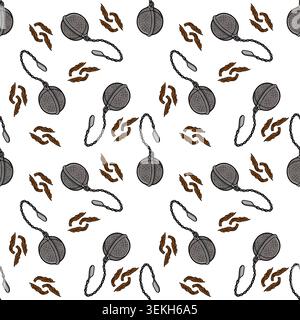 Nahtloses Vektormuster von Vintage-Teesiebern und getrockneten Teeblättern Illustration Stock Vektor