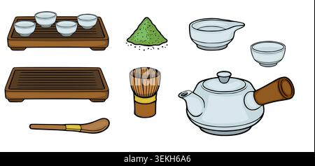 Set von japanischen Tee Zeremonie Utensilien, Vektor-Illustration Stock Vektor