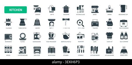 Küchenausstattung und Kochutensil Symbole mit Geräten, Kochgeschirr, Geschirr Lebensmittelzubereitung Werkzeuge für kulinarische, Menü Haushaltsdesign solide schwarze Symbole setzen Vektor-Illustration Stock Vektor