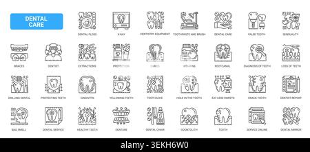 Symbole für Zahnpflege und Zahnheilkunde, die Mundhygiene, Zahnbehandlung, Zahnspangen, Röntgen, Zahnseide, Implantate, Diagnose und Klinikdienste komplexe schwarze Linien setzen die Vektorillustration Stock Vektor
