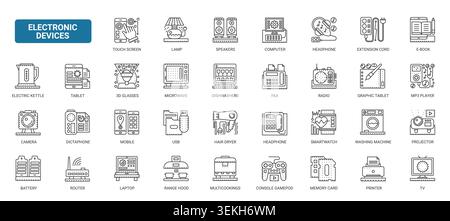 Elektronische Vektorgeräte und Symbole für die Heimtechnologie für Kommunikation, Computer, Audio, Küchengeräte und digitale Medien für Schnittstellen- und Produktdesign komplexe schwarze Symbole. Stock Vektor