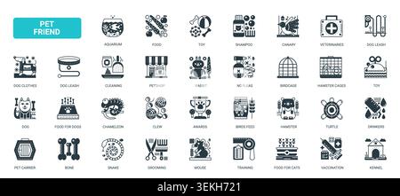 Symbole für Tierpflege und Tierversorgung, die die Pflege, Fütterung, tierärztliche Behandlung, Schulung, Käfige, Spielzeug Zubehör für Hausbegleiter solide schwarze Symbole Set Vektor Illustration Stock Vektor