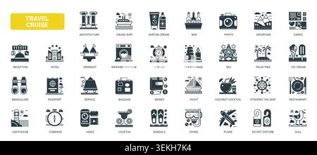 Touristische Symbole für Kreuzfahrten mit Schiff, Hotel, Reisepass, Gepäck, Yacht, Strand-, Speise- und Freizeitdienstleistungen für die Urlaubs-Navigation Resortplanung solide schwarze Symbole setzen Vektorillustration Stock Vektor