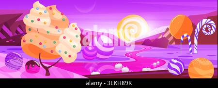 Fantasy Candy Alien Planet Landschaft mit süßen Bäumen, Lutscher, gestreiften Kugeln und rosa Fluss in einer surrealen Weltraumwelt isoliert auf dunklem Hintergrund Vektor Illustration Stock Vektor