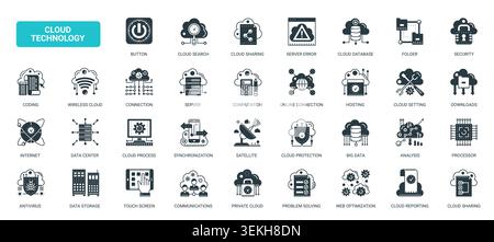 Cloud-Technologie-Symbole für Computing, Speicher, Sicherheit, Hosting, Synchronisierung und Online-Daten-Workflows über die vernetzte digitale Infrastruktur hinweg solide schwarze Symbole bilden die Vektorillustration Stock Vektor