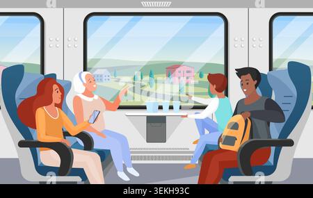 Familienpassagiere sitzen in einem modernen Zugabteil, schauen durch ein großes Fenster auf Landhäuser, plaudern während der Bahnfahrt mit Gepäck und Getränken Vektorillustration Stock Vektor