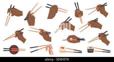 Sammlung von Handpositionen, die zeigen, wie man Essstäbchen hält, mit Symbolen für Sushi, Speck und Dipping Soße, isoliert auf weißem Hintergrund Vektorillustration Stock Vektor