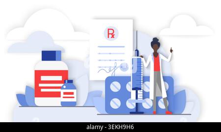 Arzt mit verschreibungspflichtigem Blatt, Spritze, Pille Blister und Medizinflaschen in einer Cloud Healthcare Szene, schwarzer weiblicher Charakter mit Apotheke Behandlung Elemente Vektor Illustration Stock Vektor