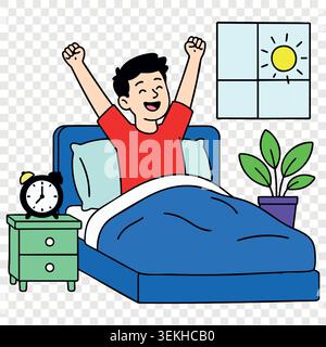 Glücklicher Mann, der früh morgens im Schlafzimmer aufwachte und die Arme neben dem Wecker und dem Fenster streckte Stock Vektor