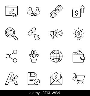 Affiliate-Marketing und digitale Geschäftsmonetarisierungslinie Symbolsatz Vektor Stock Vektor