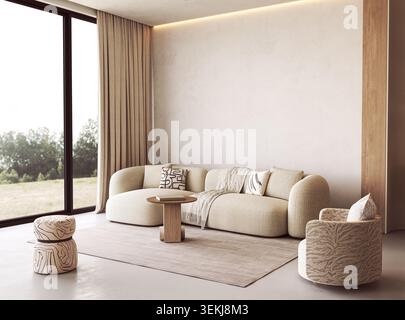 Beigefarbenes geschwungenes Sofa und gemusterter Stuhl im modernen japanischen Wohnzimmer mit leerer Wandvorlage Stockfoto