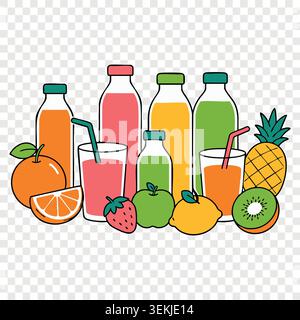 Frische Fruchtsaftflaschen und Glas-Smoothie-Sortiment mit Orangenapfel Ananas und Kiwi Stock Vektor