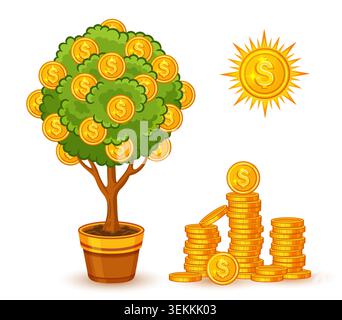 Geldbaum mit wachsenden Dollar-Goldmünzen. Finanzinvestitionen, finanzielle Gewinne, Einkommen, Vermögen. Grüne Gartenpflanze im Blumentopf. Vektor Stock Vektor