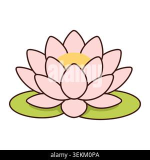 Flache Vektor-Illustration einer rosa Lotusblume mit einer gelben Mitte auf einer grünen Lilienunterlage, perfekt für Natur-inspirierte Wandkunst, pädagogische Materialien, Stock Vektor