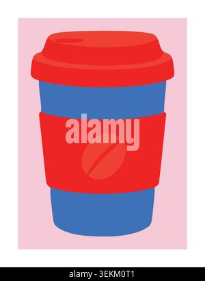 Flache Vektor-Illustration einer blauen Kaffeetasse mit rotem Deckel und Hülse auf rosa Hintergrund. Ideal für modernes Café-Branding, Verpackung und Werbung Stock Vektor