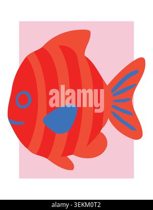 Leuchtend roter Fisch mit blauen Akzenten in einem flachen Vektor-Stil, vor einem weichen rosa Hintergrund. Ideal für Illustrationen von Wassertieren, Kinderbuch Stock Vektor
