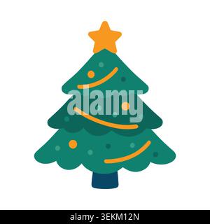 Eine einfache, flache Vektor-Illustration eines verzierten Weihnachtsbaums mit einem Stern auf der Oberseite, grünen Zweigen und gelben Ornamenten, ideal für die Weihnachtsgrüße Stock Vektor