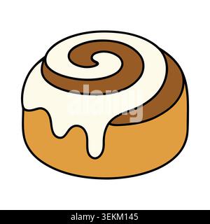 Eine einzelne Zimtrolle mit weißer Glasur und braunem Wirbel in einem verspielten Cartoon-Vektor-Illustrationsstil, ideal für Bäckerei-Branding, Lebensmittelverpackungen und Stock Vektor