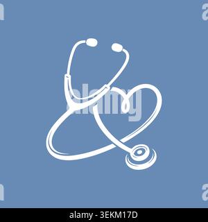 Ein stilisiertes weißes Stethoskop bildet eine Herzform auf einem blauen Hintergrund im klaren Linienart-Stil, ideal für medizinisches Branding, Werbung im Gesundheitswesen und Stock Vektor