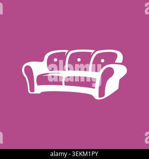 Eine einfache weiße Umrissdarstellung eines dreisitzigen Sofas auf einem massiven violetten Hintergrund, ideal für Innenarchitektur-Projekte, Heimdekor-Websites und Stock Vektor