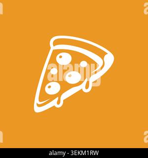 Eine einfache weiße Linienzeichnung einer Pizzascheibe mit geschmolzenem Käse auf orangefarbenem Hintergrund, ideal für Lebensmittelverpackungen, Restaurantmenüs und kulinarische Kleie Stock Vektor