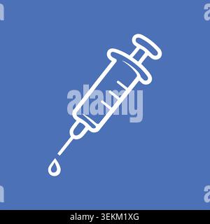 Eine einfache weiße Strichgrafik Illustration einer Spritze auf einem durchgehenden blauen Hintergrund, ideal für medizinische und Healthcare Design, wie eine Website Symbol, medizinisch Stock Vektor