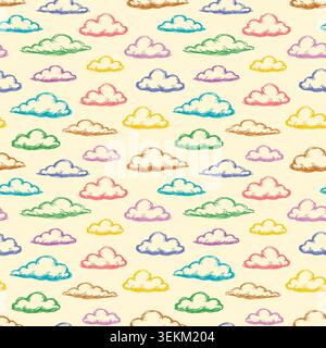 Lebendiges, von Hand gezeichnetes Doodle Cloud nahtloses Wiederholungsmuster in weichen Pastelltönen auf cremigem Hintergrund, ideal für Textildrucke, Stoffmotive und Umhüllungen Stock Vektor