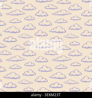 Weiche violette Wolken in einem verstreuten, nahtlosen Wiederholungsmuster auf einem blasspfirsichfarbenen Hintergrund in einem skurrilen, handgezeichneten Doodle-Stil. Ideal für Textil Stock Vektor