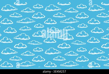 Ein skurriles, nahtloses Muster aus weißen Karikaturwolken auf einem hellblauen Hintergrund, perfekt für Textildrucke, Stoffmotive und Umhüllungen Stock Vektor