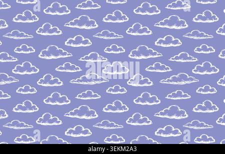 Diese Illustration zeigt ein nahtloses Wiederholungsmuster weißer Karikaturwolken auf einem massiven lila Hintergrund, ideal für Textildruck, Stoffdesign und Stock Vektor