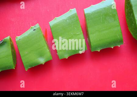Schneiden Sie Aloe Vera Stücke auf ein hellrotes Schneidebrett Stockfoto