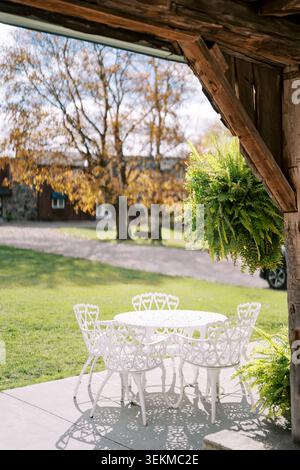 Sundappled Veranda mit einladendem Lesen und entspannter Atmosphäre. Friedliche Außenecke mit strukturierten Holzbalken und goldener Herbstlandschaft Stockfoto