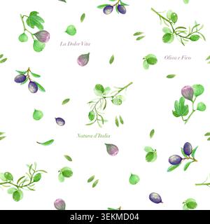 Aquarellfarbe Mittelmeer nahtlose Muster Hintergrund mit Oliven und Feigen. Handgezeichnete botanische Illustration für kreatives italienisches Lebensmitteldesign Stockfoto