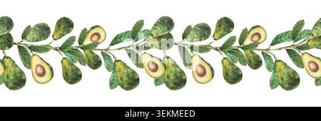 Aquarellfarben Avocadozweig nahtlose Grenze. Reife ganze Früchte und schneide sie halb mit Samen und grünen Blättern. Botanische handgemalte Illustration auf isoliert Stockfoto