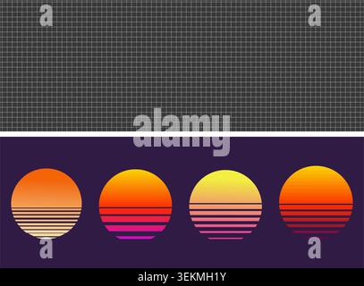 Retrowave Sonnenuntergang, Sonnenuntergang oder Sonnenaufgang im Stil der 80er Jahre. Vaporwave, Sonne, Strand, Retro, Sonnenuntergang auf dunklem Hintergrund. Glühende Sonne. SCI-fi, abstraktes Cyber-Poster, Druck. Vektorabbildung Stock Vektor