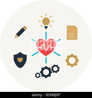 Symbolsatz mit einem zentralen Herzsymbol, umgeben von kreativen Werkzeugen, die für die Datenverwaltung von Designinnovationen und den herzzentrierten Workflow stehen. Stock Vektor