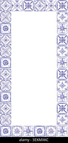 Rechteckiger Rahmen aus traditionellen portugiesischen Azulejo-Fliesen. Das Design besteht aus verschiedenen blauen und weißen handgezeichneten Blumen- und geometrischen Motiven Stockfoto