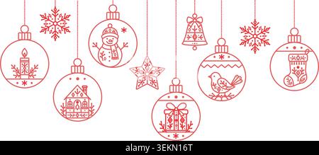 Weihnachtsgirlande mit Kugeln, Schneeflocken, Sternen und Glocke im skandinavischen Folk Linear Stil für Weihnachtsbrand, Weihnachtsgrüßkarten, Stock Vektor