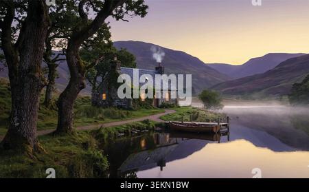 Wunderschöne Dorflandschaft mit Flussbergen und Naturlandschaften Illustration Stock Vektor