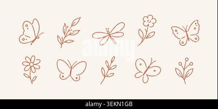 Minimalistisches Set aus Terrakotta-Kunst mit Schmetterlingen und Blumen Stock Vektor
