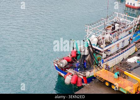 Yilan, Taiwan - 31. März 2025: Fischer sortieren ein Schleppnetz auf einem Schiff in Nanfangao, mit ruhigem blaublauem Wasser und einem gelben Kranwagen. Stockfoto