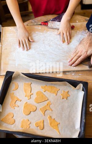 Hochwinkelansicht von Familienmitgliedern, die zu Hause verschiedene Arten von Lebkuchenkeksen herstellen Stockfoto