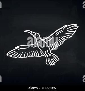 Schwarz-weiße Illustration eines Vogels im Flug mit ausgestreckten Flügeln, detaillierte Federmuster sichtbar vor dunklem Hintergrund Stock Vektor