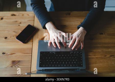 Direkt über der Aufnahme einer freiberuflich arbeitenden Frau, die am Laptop arbeitet Stockfoto