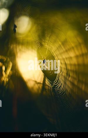 Nahaufnahme eines zarten Spinnennetzes mit einer kleinen Spinne in der Mitte, die im warmen goldenen Sonnenlicht vor einem dunklen, verschwommenen Hintergrund mit weichem Bokeh leuchtet Stockfoto