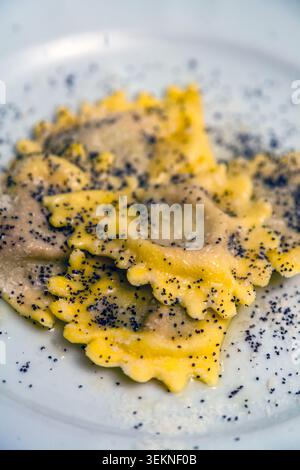 Nahaufnahme hausgemachter italienischer Ravioli, bestreut mit schwarzem Mohn auf weißem Teller Stockfoto
