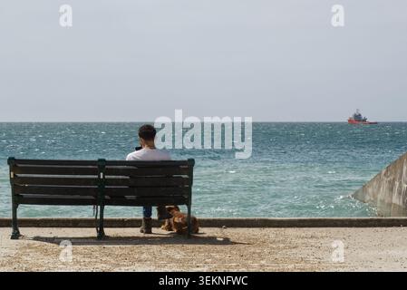 Nicht wiedererkennbarer Mann auf Bank mit Hund an der Strandpromenade von Rottingdean bei Brighton in East Sussex, England. Mit einem Arbeitsboot auf dem Meer Stockfoto